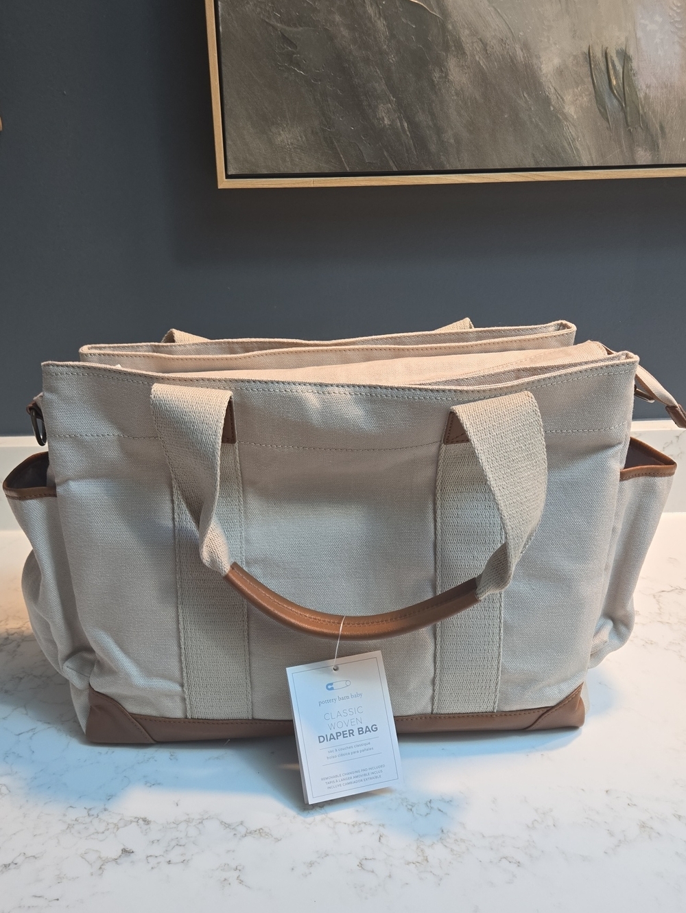 Pottery Barn Canvas Diaper Bag in Beige with Brown Leather Trim, NWT